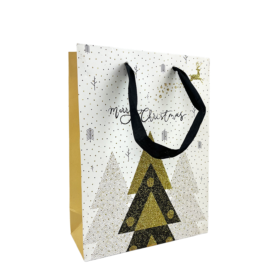 Cadeautas medium wit glitter merry christmas kerstboom 18x24x8cm