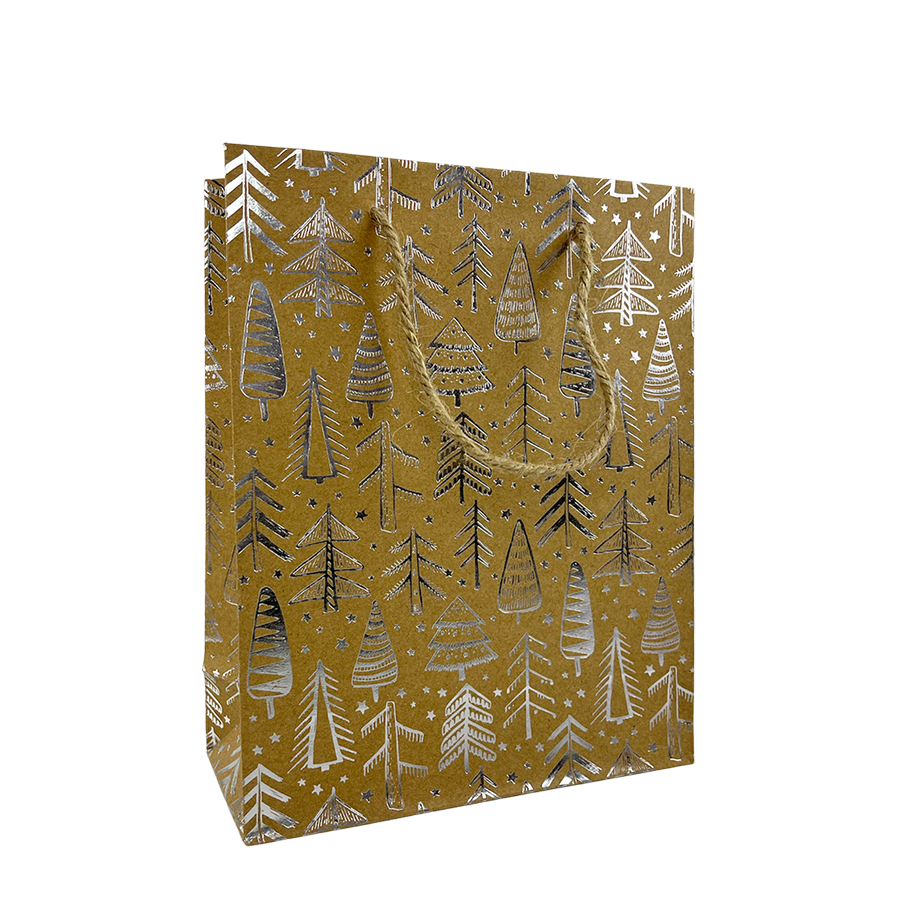 Cadeautas small kraft kerstboom zilver 18x8x23cm