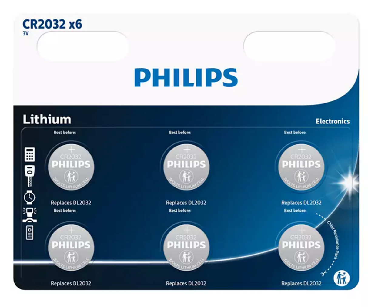 Varta philips lithium cr2032 3v batteri 6 stk på kort