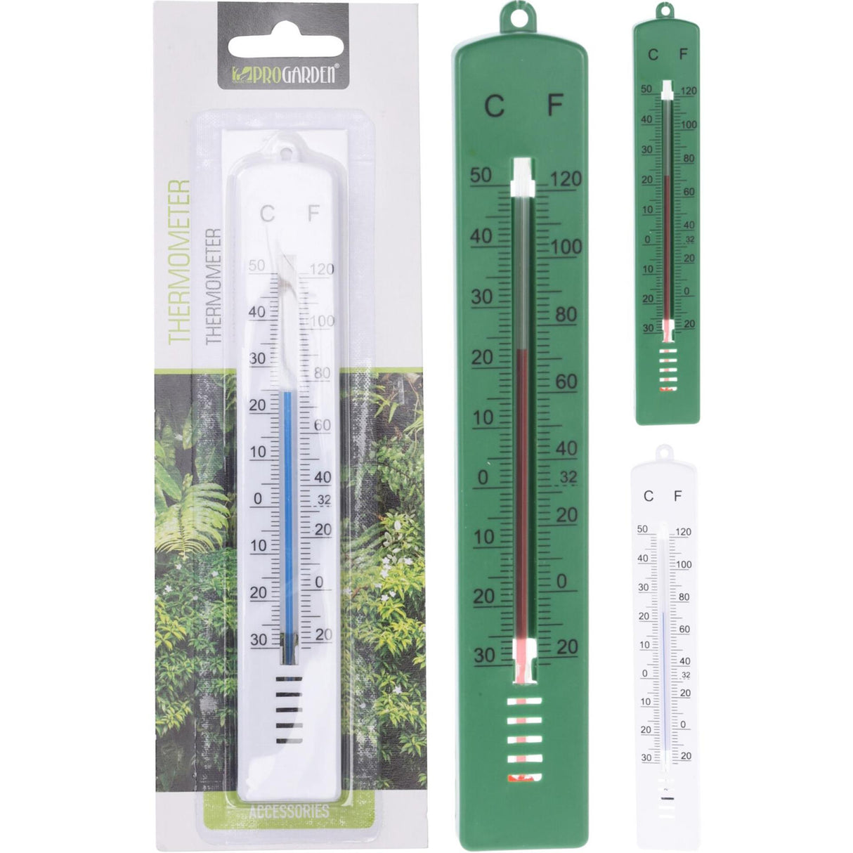 Pro havetermometer til indendørs og udendørs -30 til +50 grader Celsius 17 cm lang hvid eller grøn plast