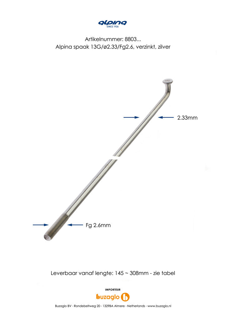 Alpina spakken 13g (2,34 mm) 230 mm zink (p36)