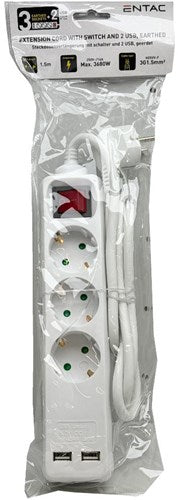 Enzo entac tcd ra 3v 1,5m ledning med 2xusb + switch hvid - 6872632