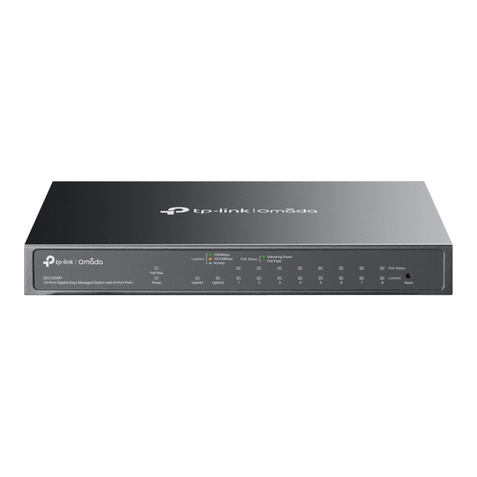 Tp-link omada es210gmp 10-ports gigabit let styret switch (sort, 8x poe+, 1x gigabit sfp)