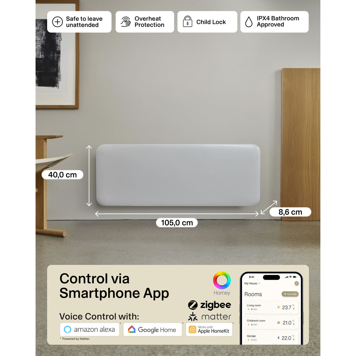 Møllestål wifi panelvarmer pa1300wifi4, 1300 watt konvektor (hvid, wifi 2,4 ghz (wifi 6), bluetooth 5.2, zigbee 3.0 + app)