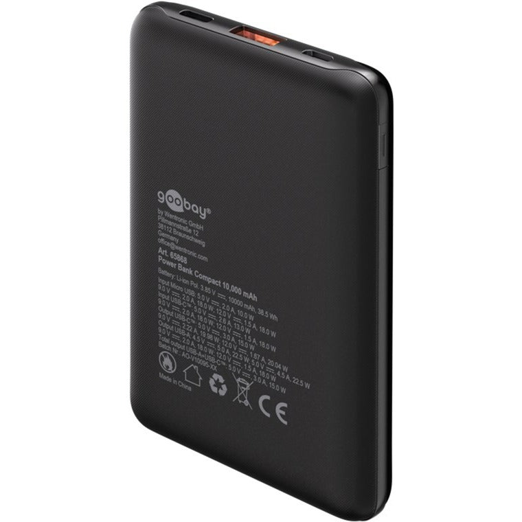 Goobay powerbank kompakt 10.000 mah (sort, 10 ah, 1x USB-A, 1x USB-C, strømforsyning, hurtig opladning)