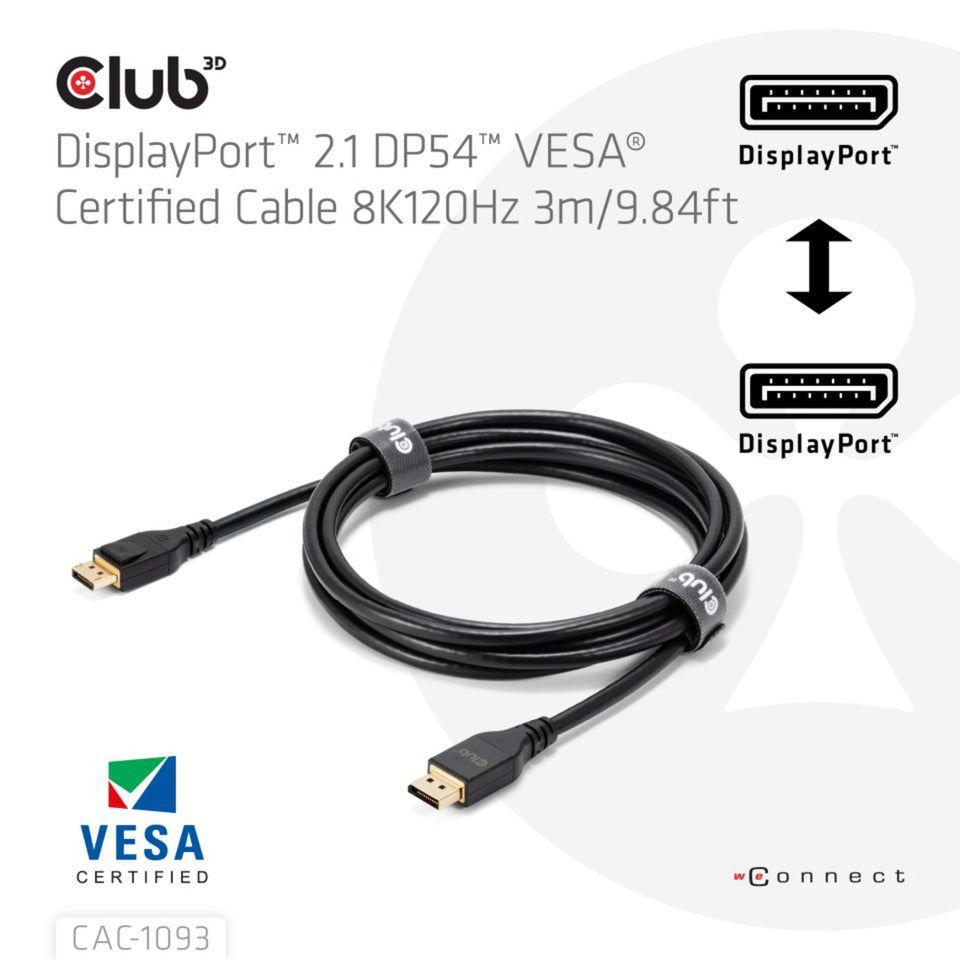 Club 3D DisplayPort 2.1 Vesa DP54 certificeret kabel han-han (sort, 3 meter, 4K 240Hz, 8K 120Hz, 54Gbps)