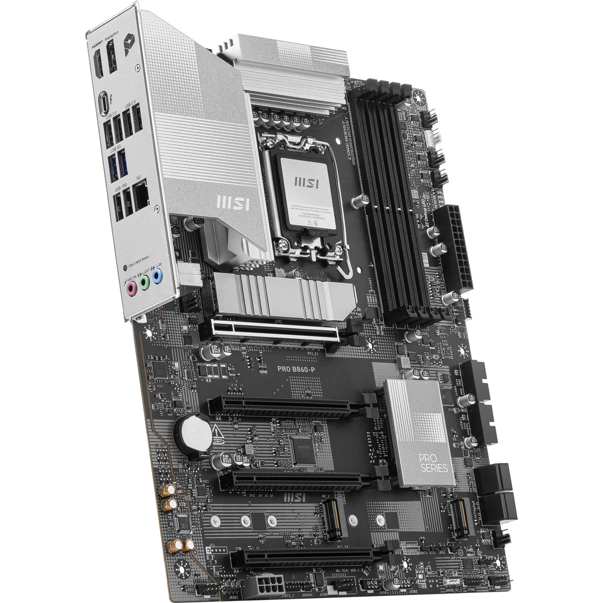 MSI Pro B860-P Socket 1851 bundkort (sølv, RAID, 5GB-LAN, lyd, ATX)