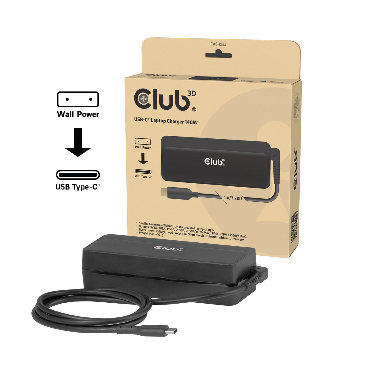 Club 3d usb-c laptop charger 140w, 1 meter (zwart)