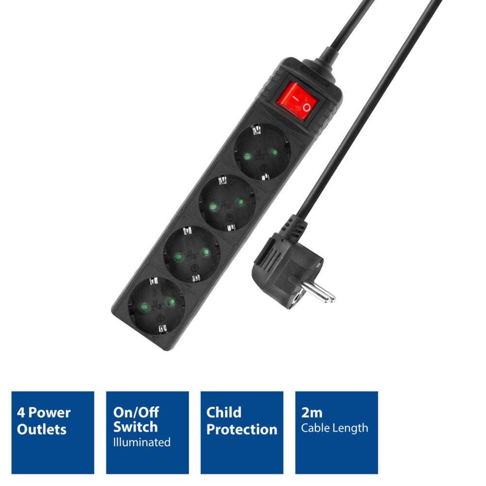 Act connectivity act strømskinne med lysende kontakt, 4 stikkontakter, 2 m, sort ac2440