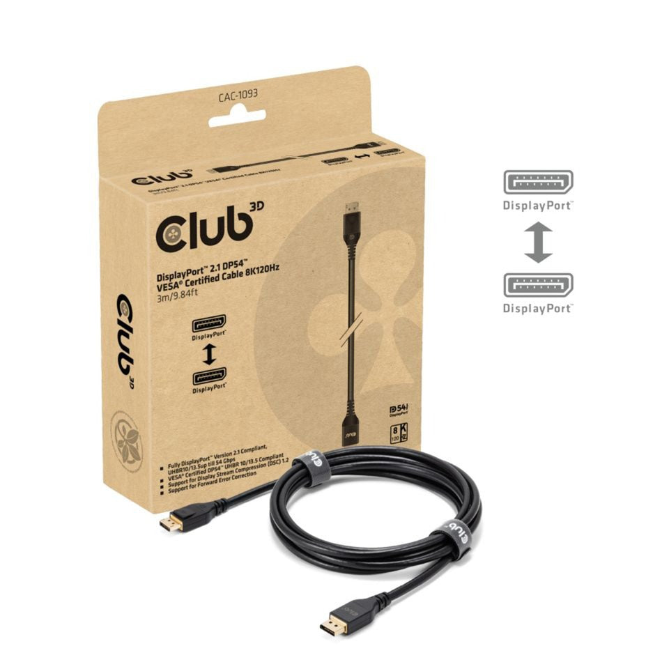 Club 3D DisplayPort 2.1 Vesa DP54 certificeret kabel han-han (sort, 3 meter, 4K 240Hz, 8K 120Hz, 54Gbps)