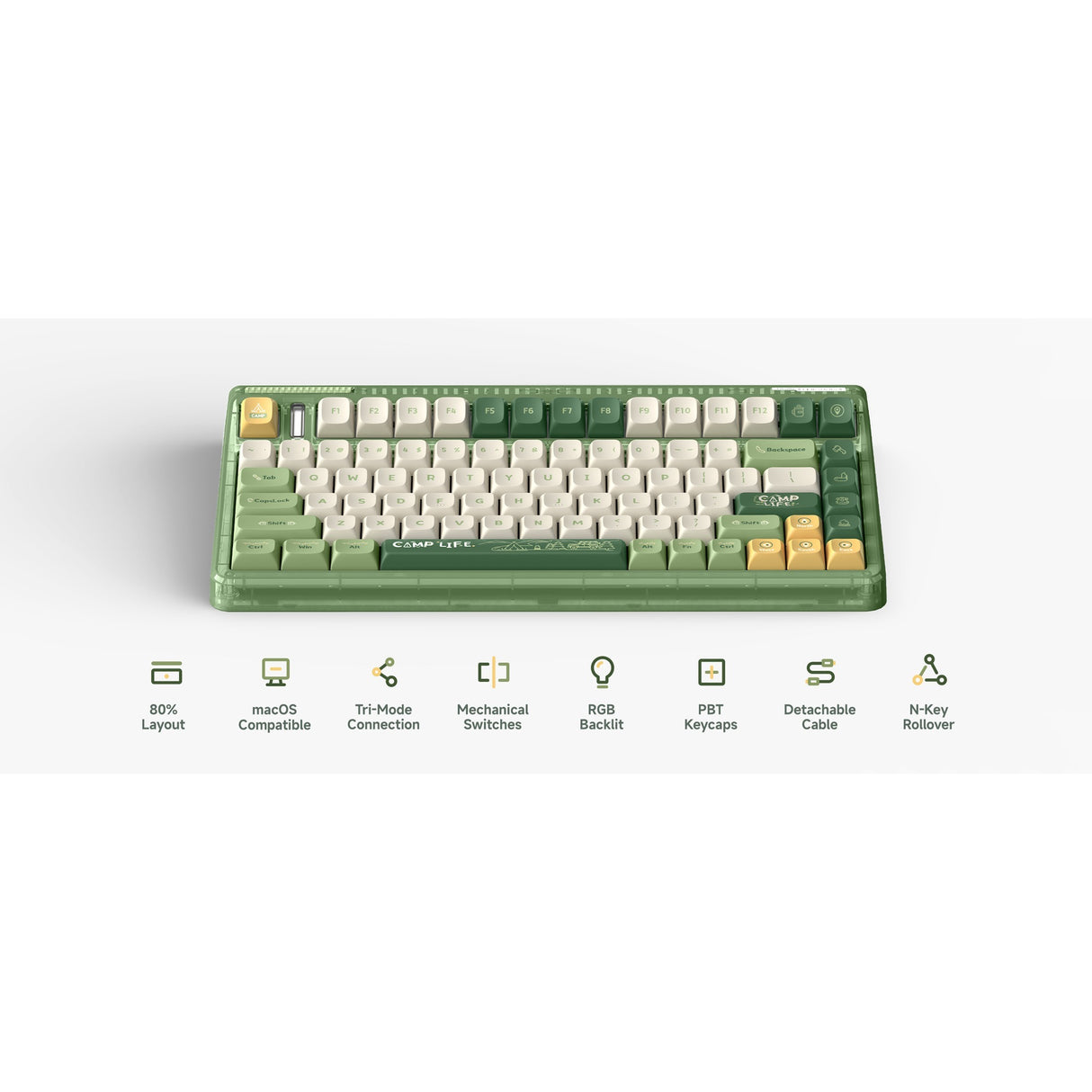 Iqunix og80 camping trådløst mekanisk tastatur (grøn, us-layout (qwerty), cherry mx red, 80% (tkl), rgb-lysdioder, hot-swappable, pbt, 2.4ghz | bluetooth 5.1 | usb-c)