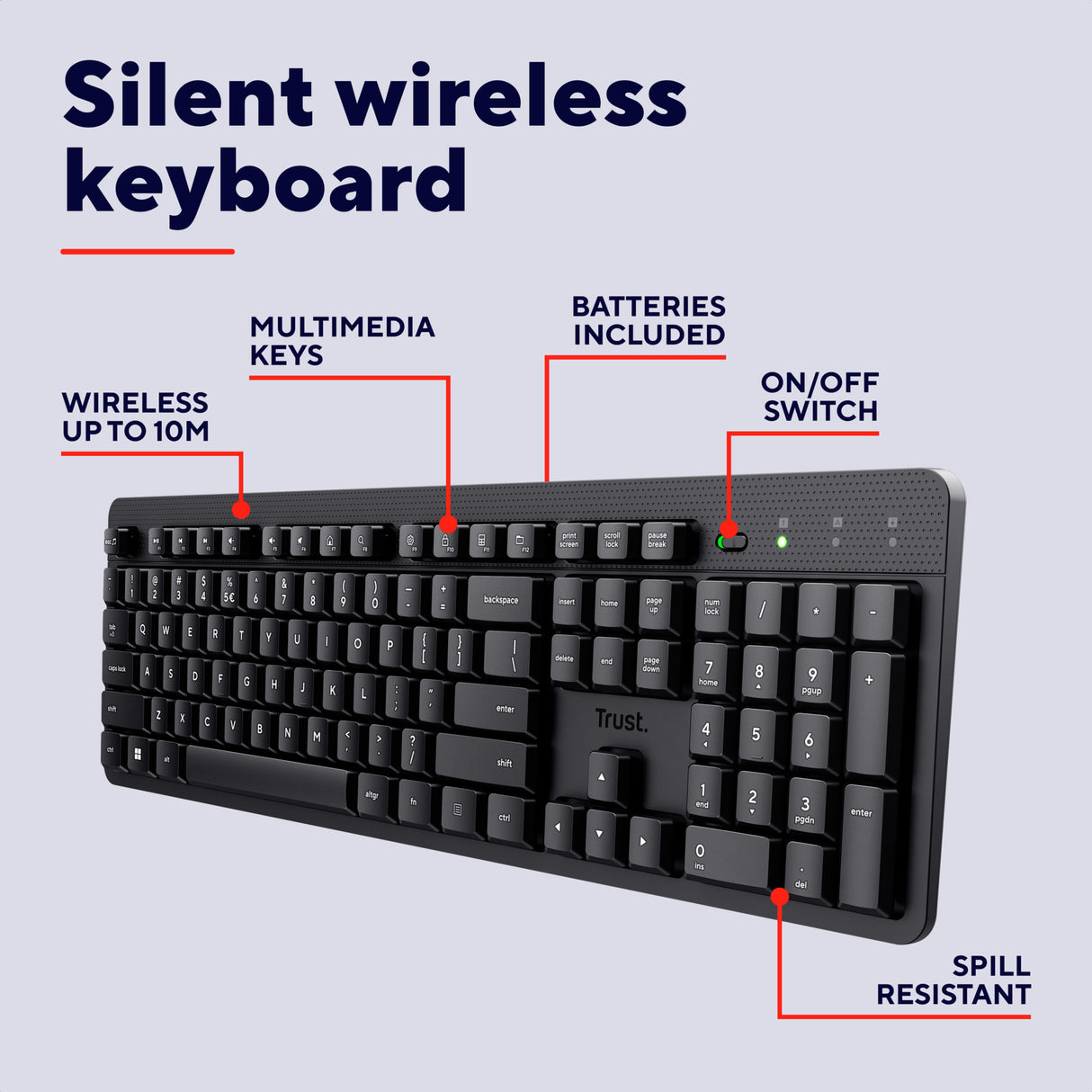 Trust Ody II trådløst tastatur (sort, EU-layout (QWERTY), membran, lydløst)