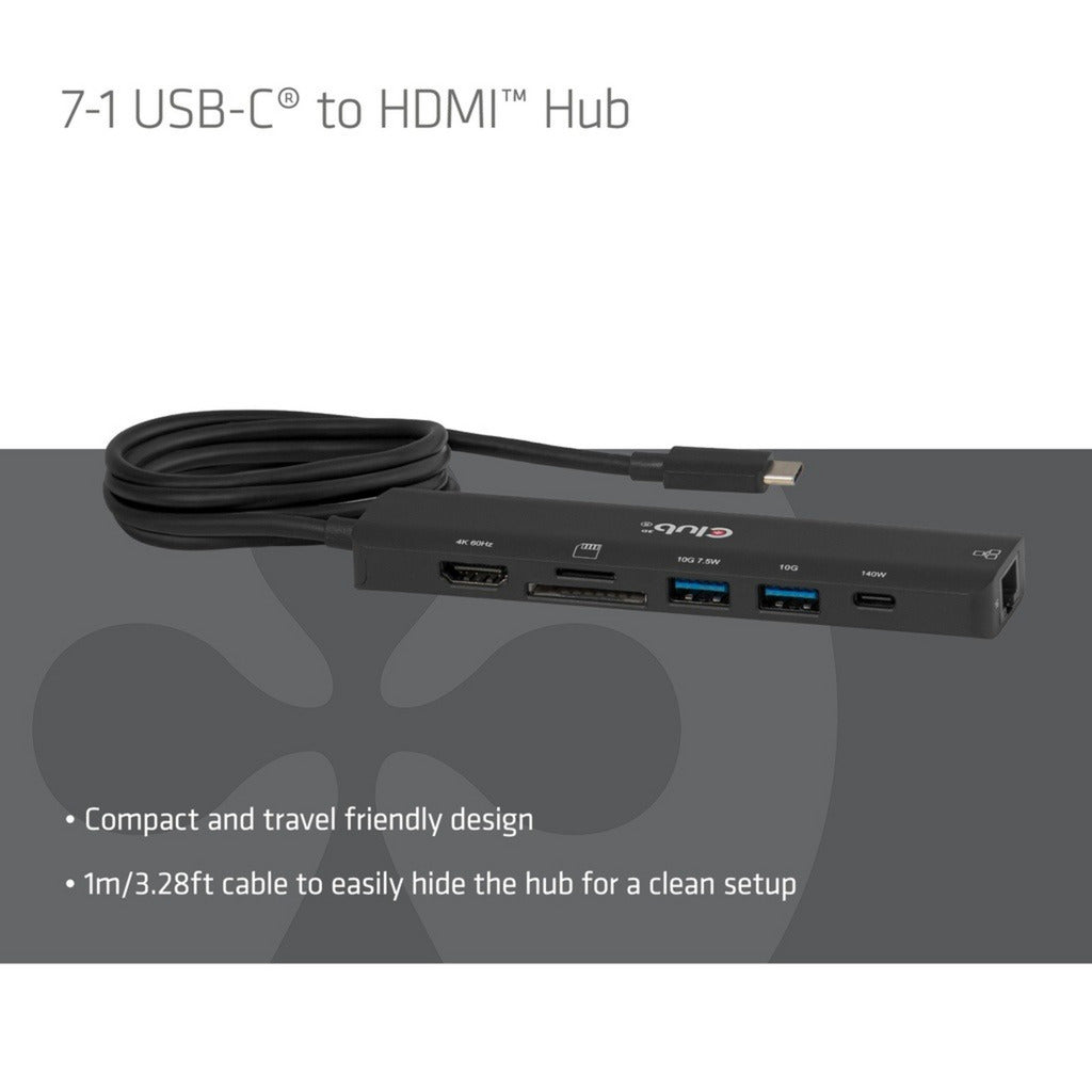 Club 3d csv-2555 7-1 usb-c naar hdmi hub (zwart, 4k60hz, pd3.1 140w, usb-a, usb-c, lan, microsd)