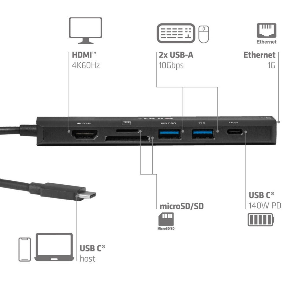Club 3d csv-2555 7-1 usb-c naar hdmi hub (zwart, 4k60hz, pd3.1 140w, usb-a, usb-c, lan, microsd)
