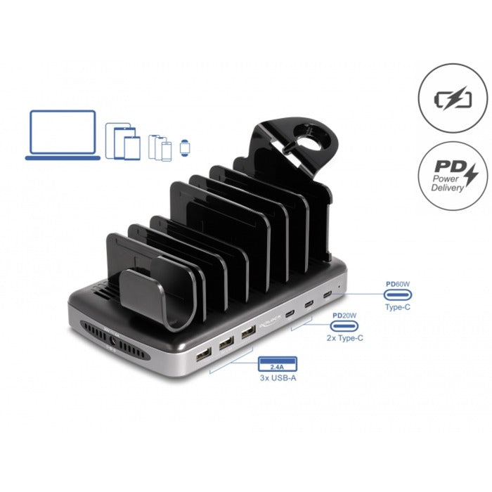 Delock USB-ladestation med 3 x USB Type-C PD + 3 x USB Type-A (112 W) (grå sort)