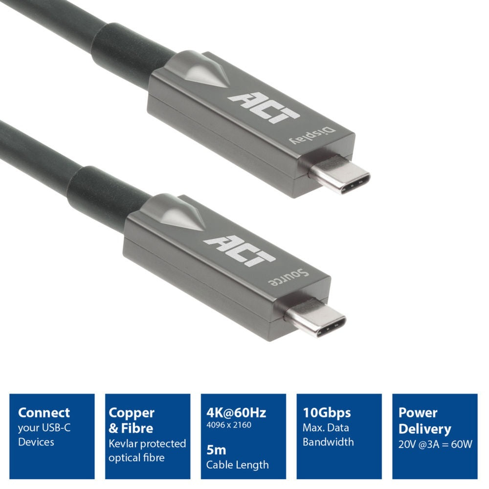 Act tilslutning USB-C 3.2 gen2 aktivt optisk kabel (AOC) tilslutningskabel (grå sort, 5 meter)