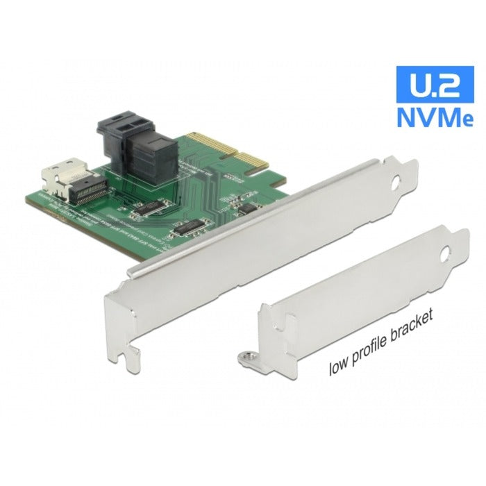 Delock pci express x4-kort u.2 nvme til 1 x intern sff-8654 4i + 1 x intern sff-8643 – lavprofil formfaktoradapter (sølv)
