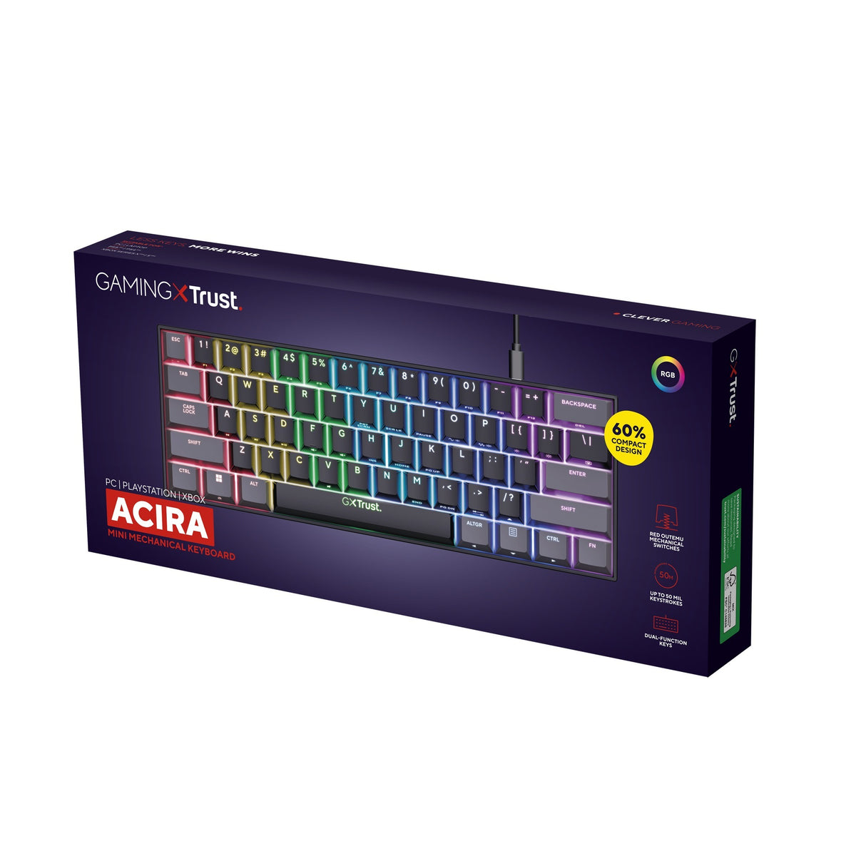 Trust GXT 867 Acira 60 % mini-mekanisk gaming-tastatur (sort, amerikansk layout (QWERTY), Outemu Red, 60 %, RGB)