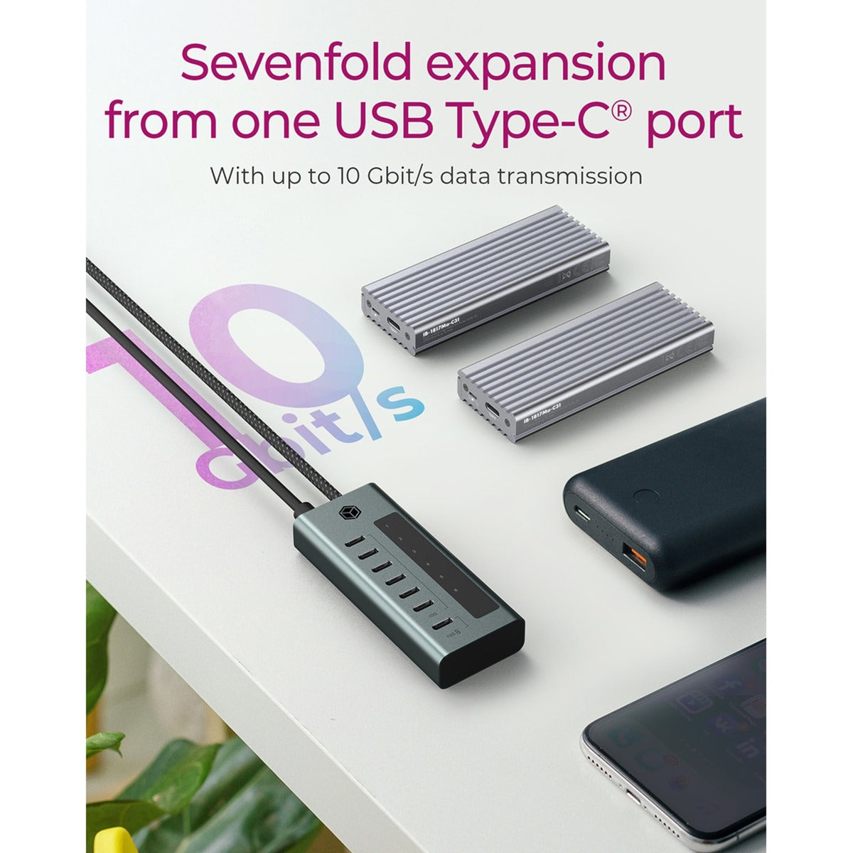 Icy box 7-ports USB-C 3.2 gen 2 USB hub (blå-grå)