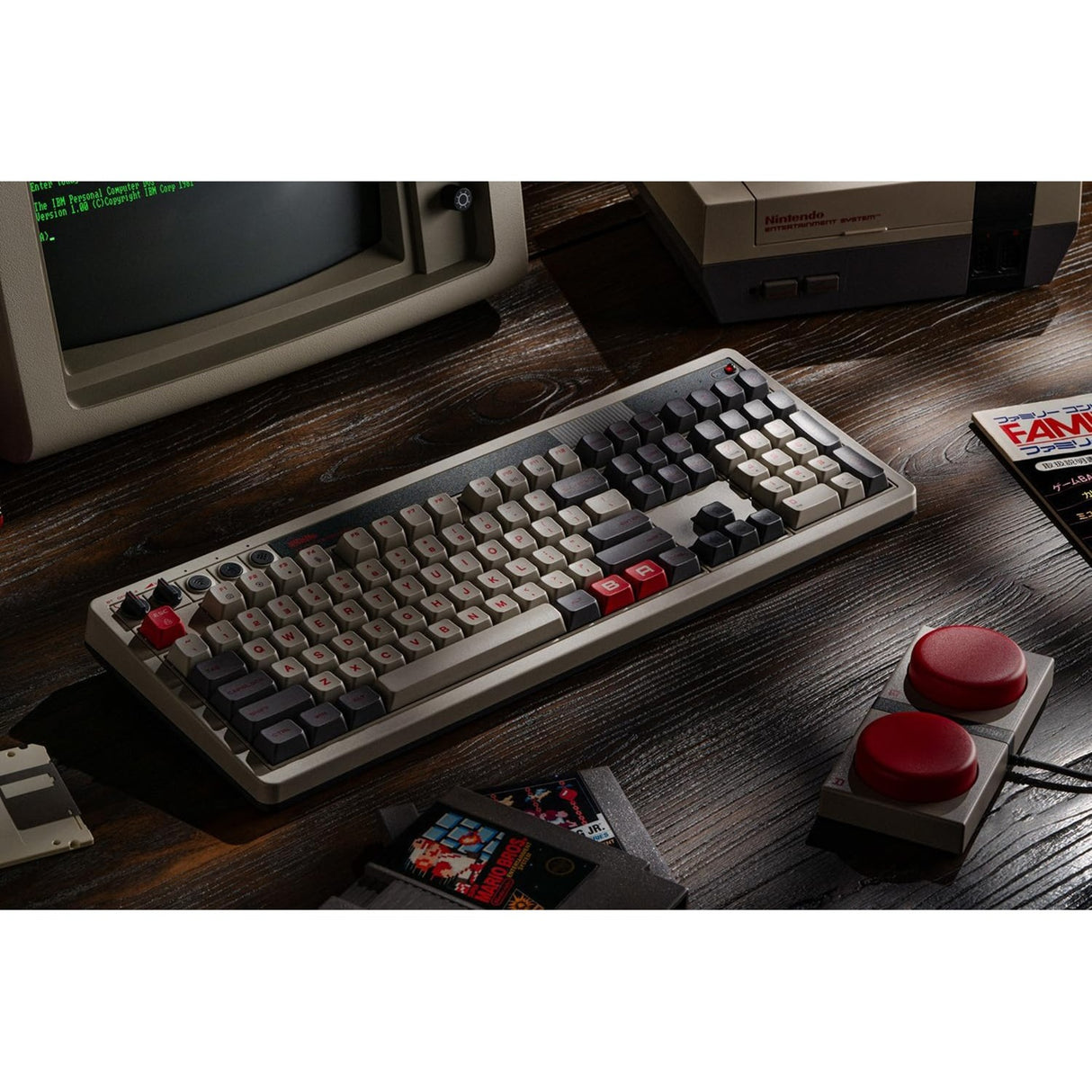 8bitdo retro mekanisk tastatur n udgave (grå, us-layout (qwerty), kailh box hvid, 100%, bluetooth lavenergi, trådløs 2.4g, usb)