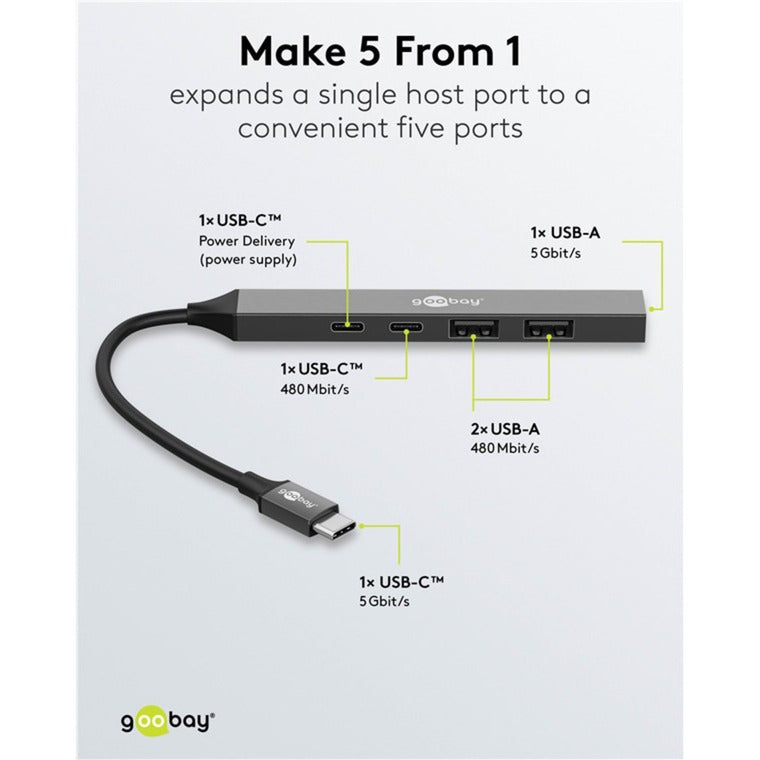 Goobay slim USB-hub med 5 porte, USB-C til USB-C USB-A, 5 Gbit s (lysegrå)