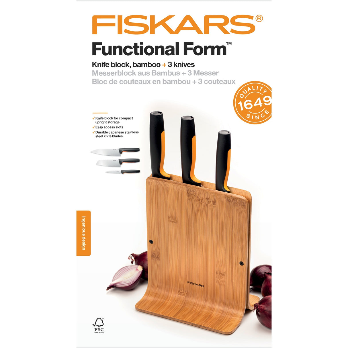 Fiskars bambusknivblok i funktionel form med 3 knive (flerfarvet, japansk rustfrit stål | håndtag med blødt greb)
