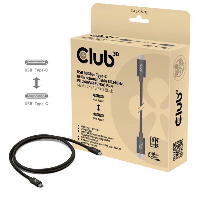 Club 3D USB-C 80 Gbps certificeret 240W 8K 240Hz kabel (sort, 1,2m)