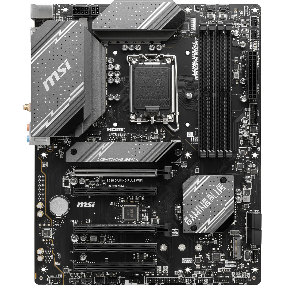 MSI B760 Gaming Plus Wi-Fi Socket 1700 bundkort (grå sort, RAID, 2,5 GB LAN, Wi-Fi 6e, BT, lyd, ATX)