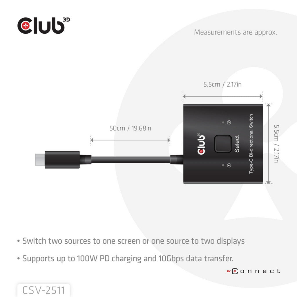 Club 3D USB-C tovejs video + data + PD switch USB switch (sort)