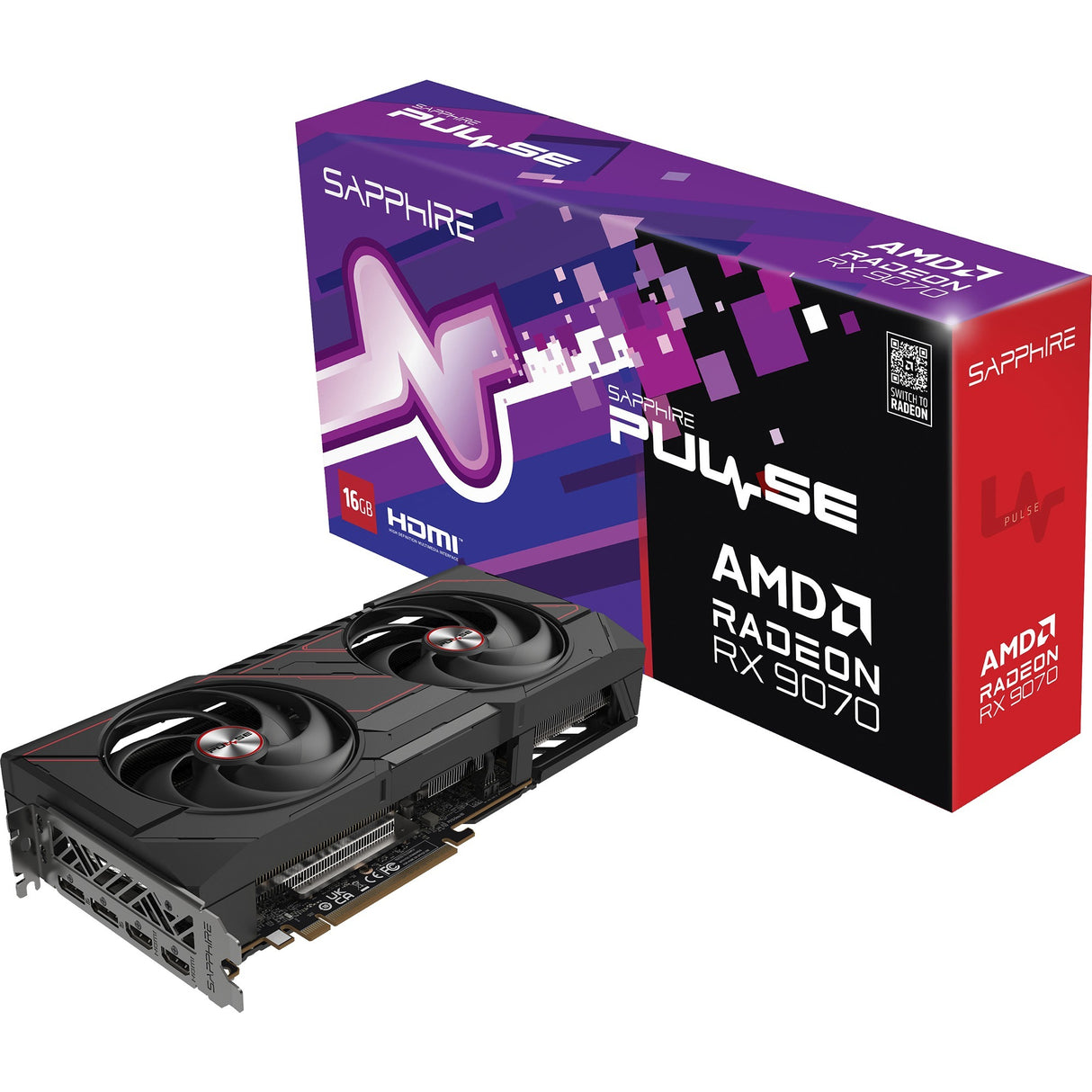 Sapphire Radeon RX 9070 Pulse grafikkort (sort, 2x skærmport, 2x HDMI, RDNA4)