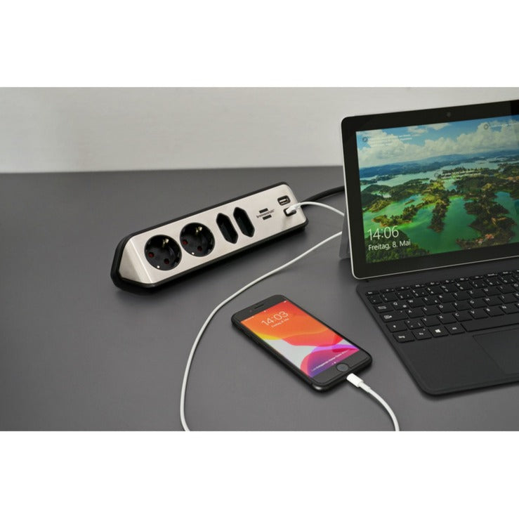 Brennerstuhl ®estilo hjørne tilslutningsboks med USB-opladningsfunktion 4-vejs 2x beskyttelsesstik 2x euro sølv sort
