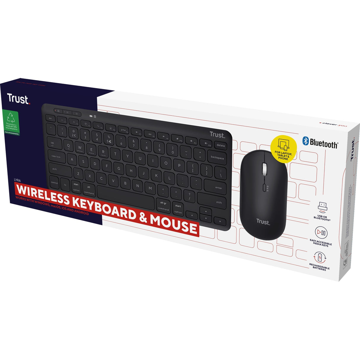 Trust Lyra multi-enhed trådløst tastatur mus skrivebordssæt (sort, amerikansk layout (QWERTY), saksekontakter, 65%, 800 - 1.600 dpi, 2,4 GHz USB, Bluetooth)
