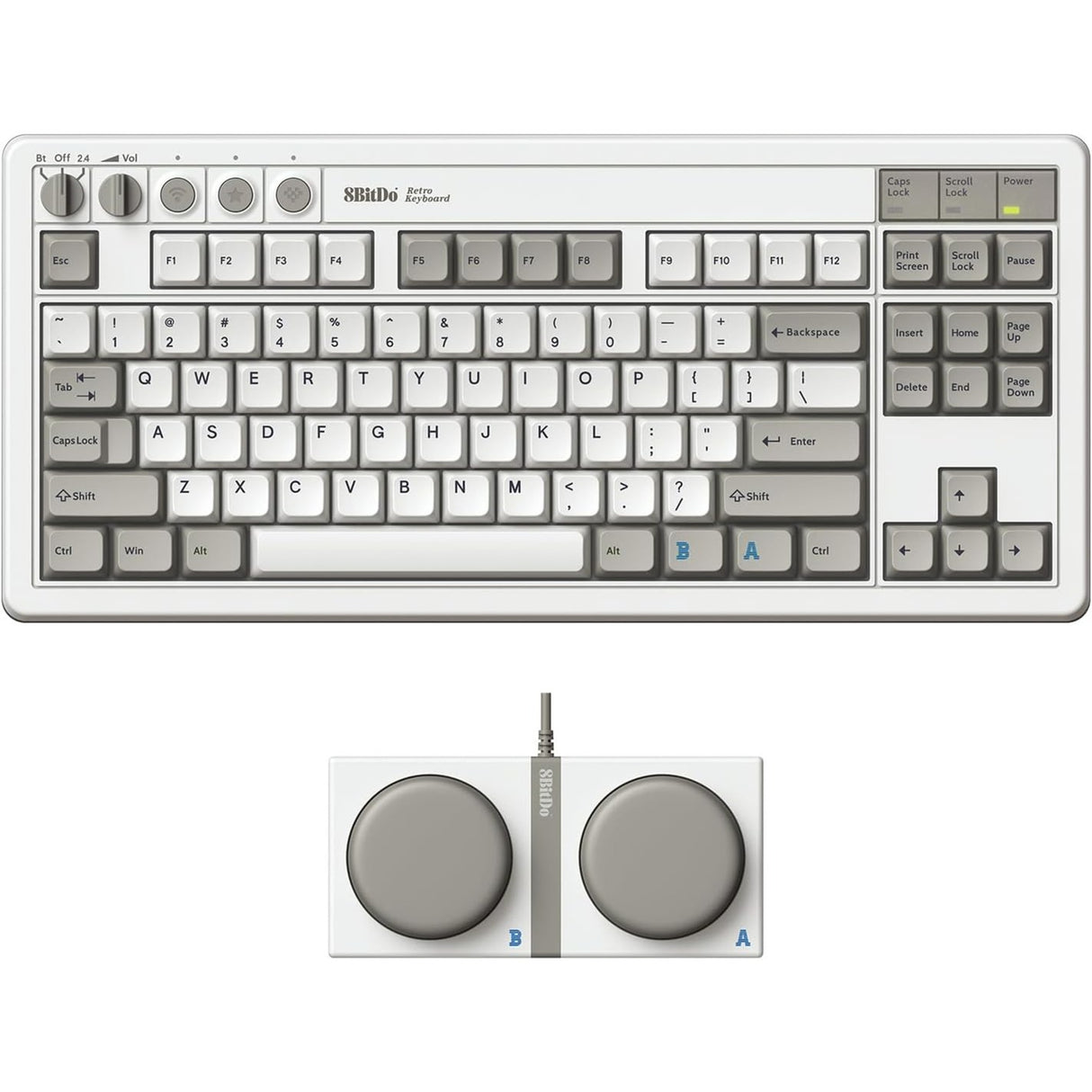 8bitdo retro mekanisk tastatur m udgave (grå, us layout (qwerty), kailh box hvid, 80% (tkl), bluetooth lavenergi, trådløs 2.4g, usb)