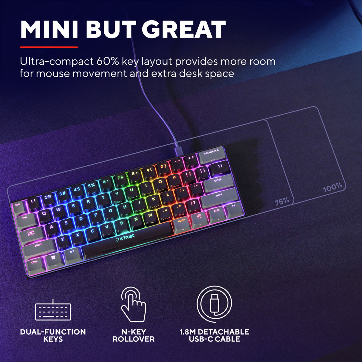 Trust GXT 867 Acira 60 % mini-mekanisk gaming-tastatur (sort, amerikansk layout (QWERTY), Outemu Red, 60 %, RGB)