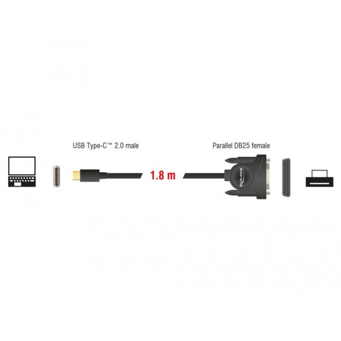 Delock USB-C 2.0 han > 1 x parallelt DB25 hunkabel (sort, 1,8 meter)