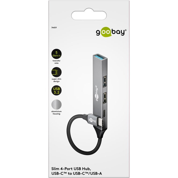 Goobay slim USB-hub med 4 porte, USB-C til USB-C USB-A, 5 Gbit s (lysegrå)