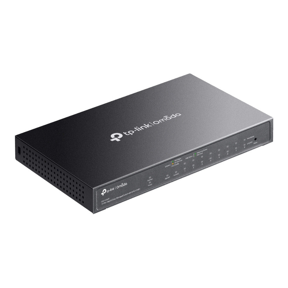 Tp-link omada es210gmp 10-ports gigabit let styret switch (sort, 8x poe+, 1x gigabit sfp)