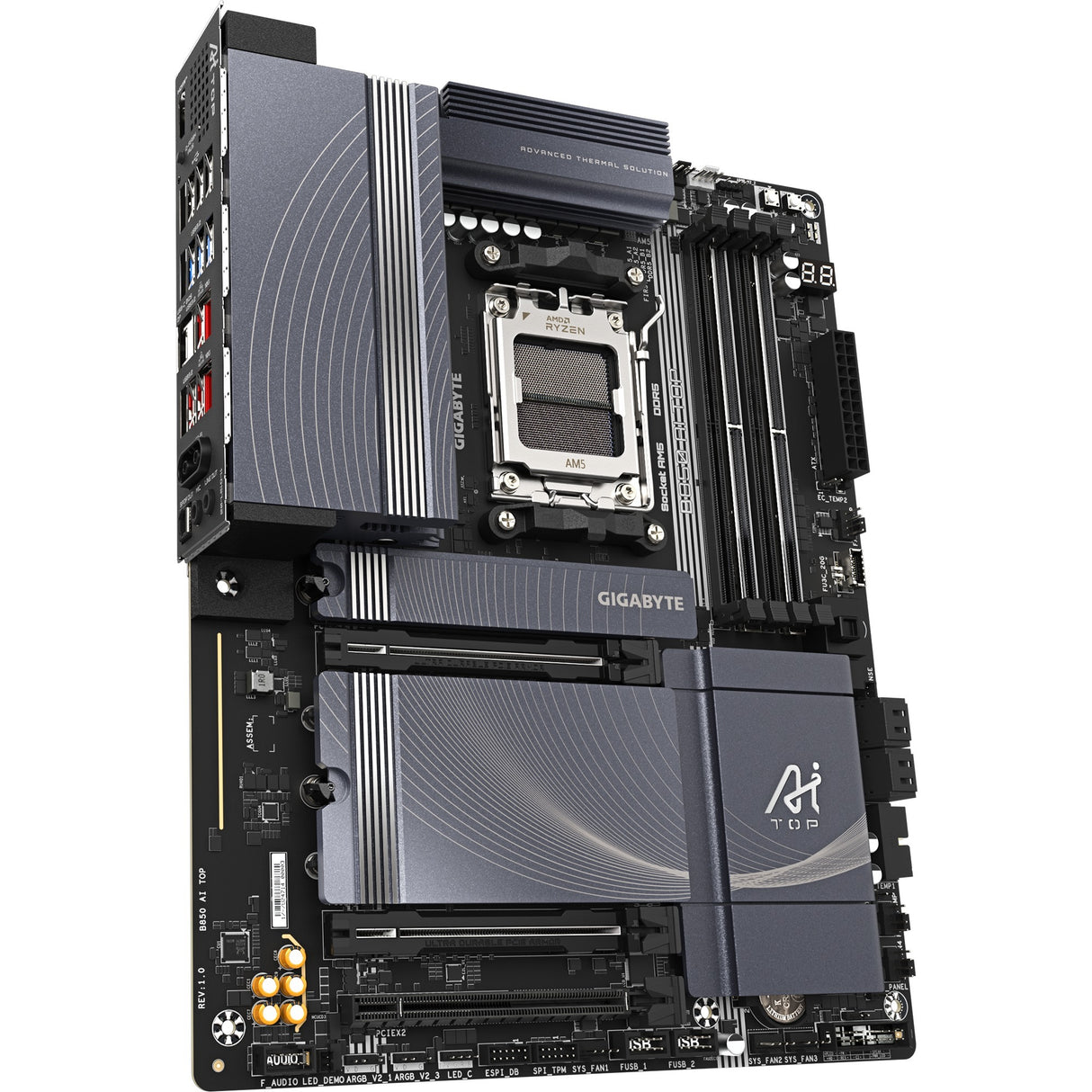 Gigabyte B850 AI Top Socket AM5 bundkort (sort grå, RAID, 2x 10 GB LAN, Wi-Fi 7, BT, lyd, ATX)