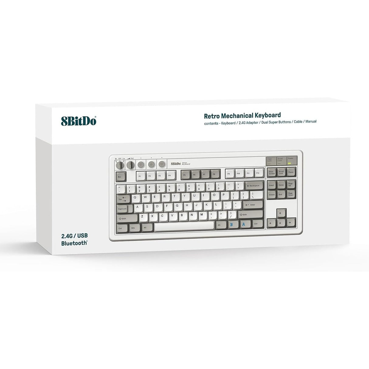 8bitdo retro mekanisk tastatur m udgave (grå, us layout (qwerty), kailh box hvid, 80% (tkl), bluetooth lavenergi, trådløs 2.4g, usb)