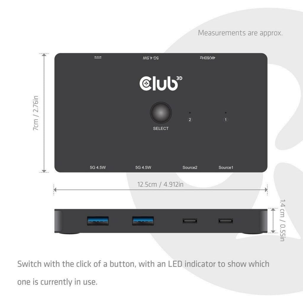 Club 3d csv-2512 kvm switch dual usb-c naar hdmi kvm-switch (zwart, 4k 60hz)