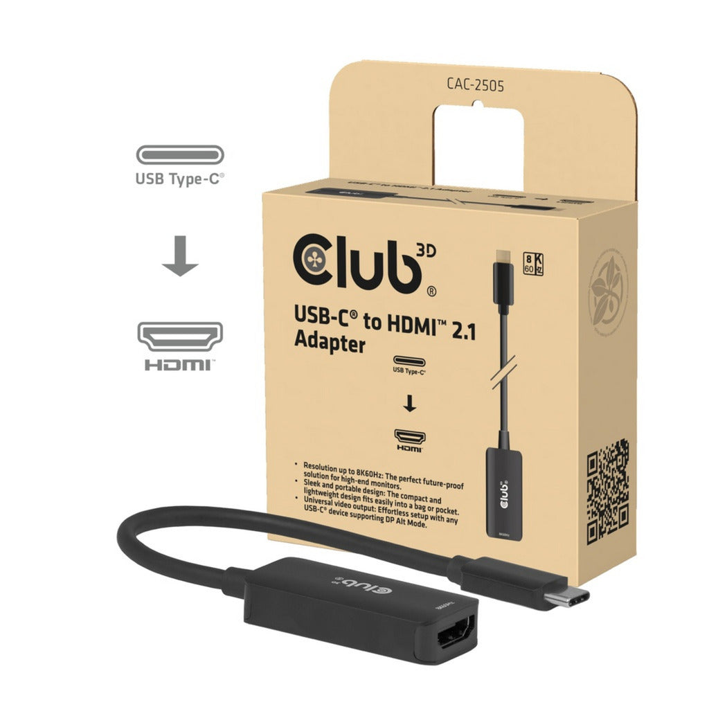Club 3d cac-2505 usb-c naar hdmi 2.1 adapter 8k60hz (zwart)