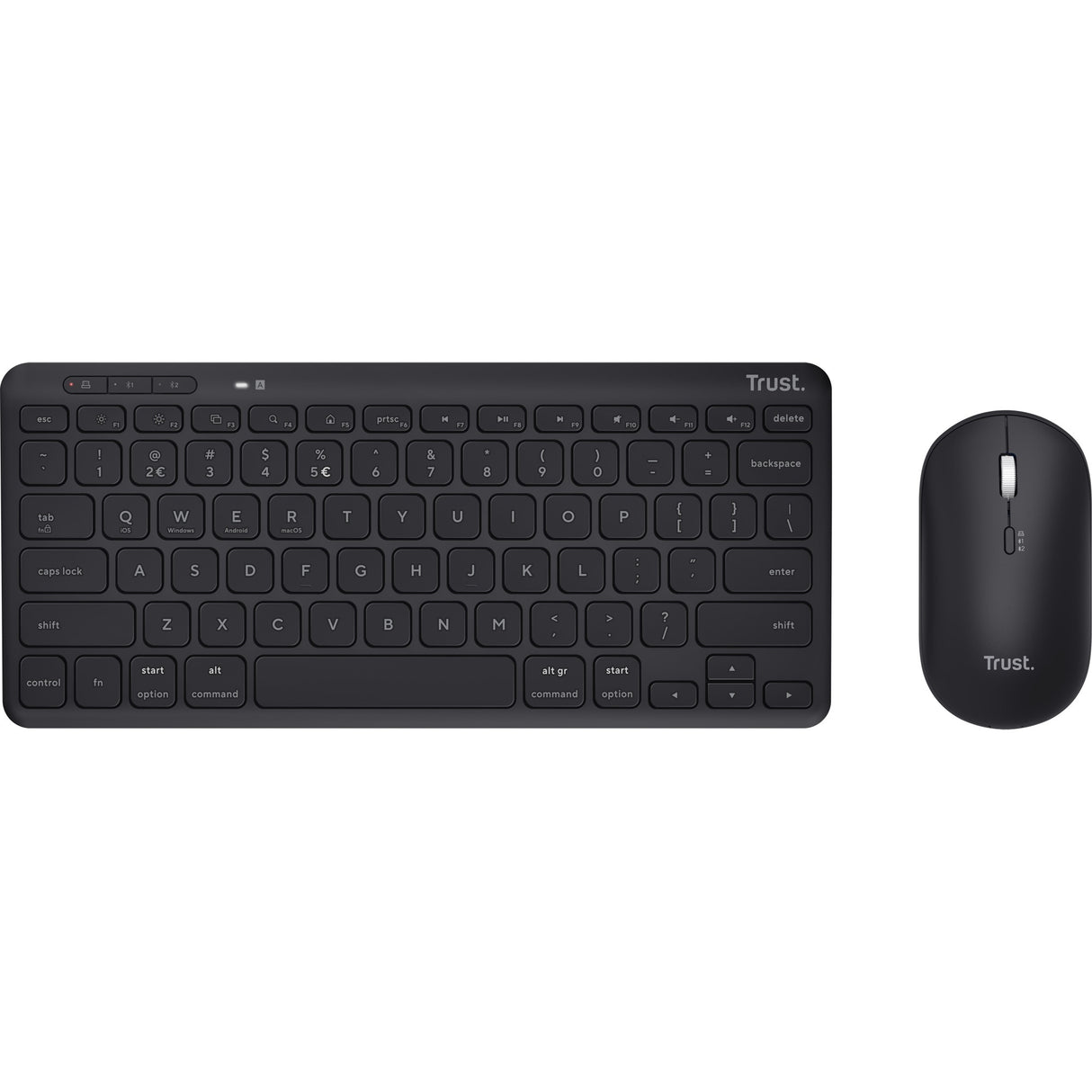 Trust Lyra multi-enhed trådløst tastatur mus skrivebordssæt (sort, amerikansk layout (QWERTY), saksekontakter, 65%, 800 - 1.600 dpi, 2,4 GHz USB, Bluetooth)