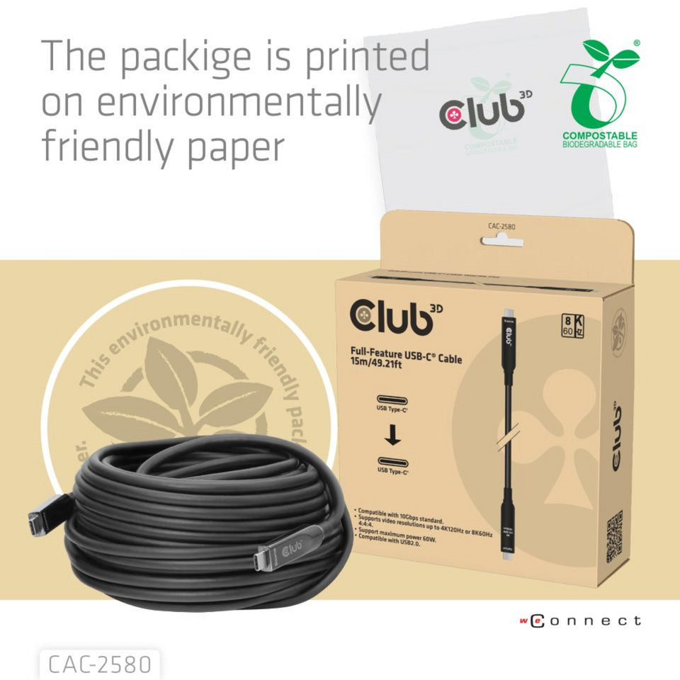 Club 3D fuldfunktions USB-C-kabel, 15m (sort, 8k60hz 10gbps 60w)