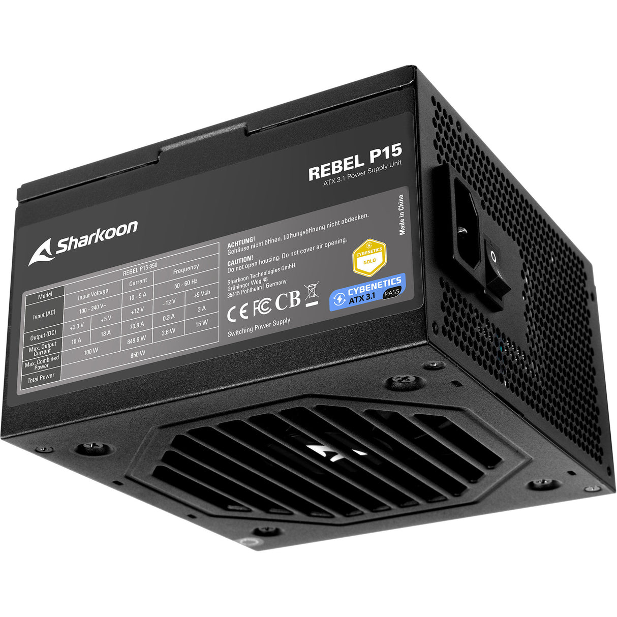 Sharkoon rebel p15 850 watt strømforsyning (sort, 1x 12v-2x6, 4x pcie)