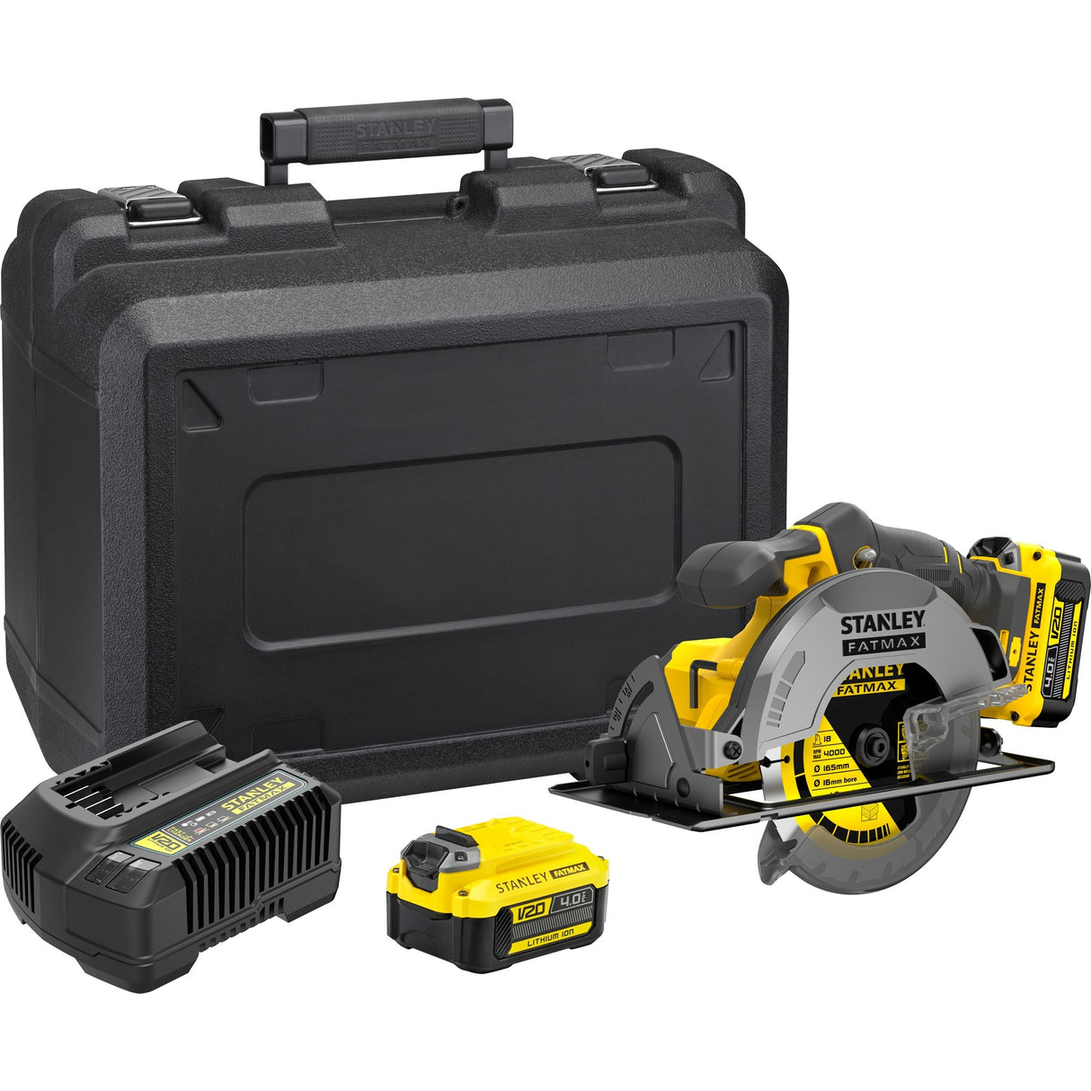 Stanley fatmax v20 18v håndrundsav (gul sort, kuffert, 2 batterier (2,0ah) og oplader (4a) inkluderet)