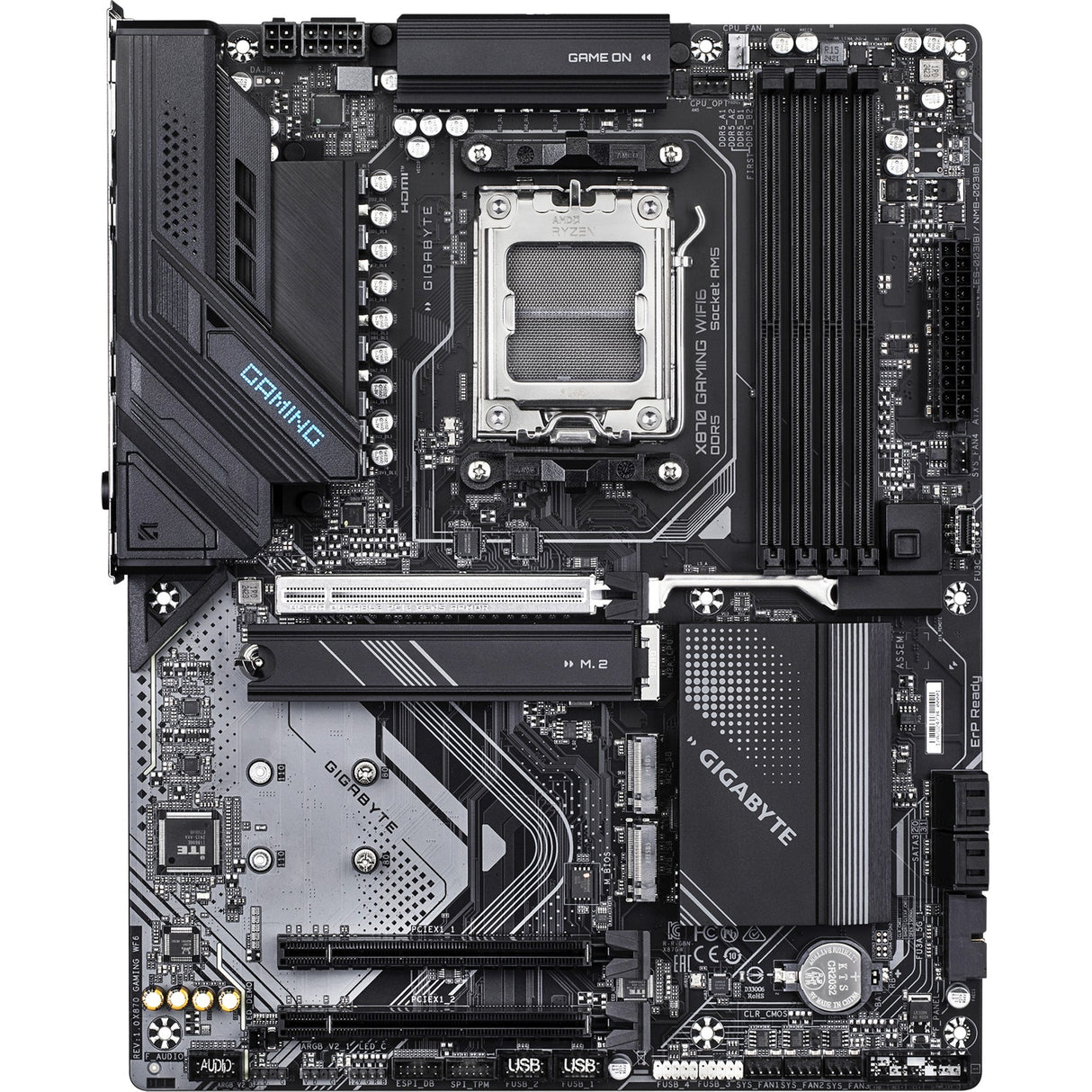 Gigabyte x870 gaming WiFi6 socket AM5 bundkort (sort grå, RAID, 2,5 GB-LAN, WiFi 6, BT, lyd, ATX)