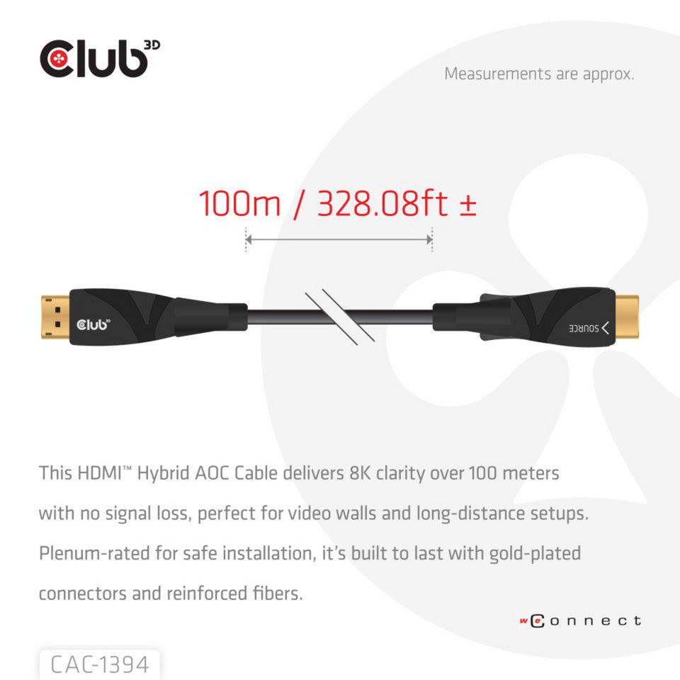 Club 3d hdmi hybrid aoc kabel 8k60hz 4k120hz, 100 m kabel (sort)