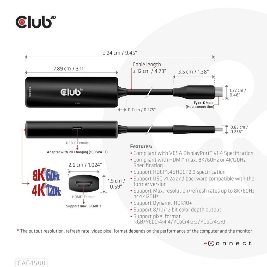 Club 3d usb-c naar hdmi 2.1+ pd 3.0 100 watt adapter (zwart)