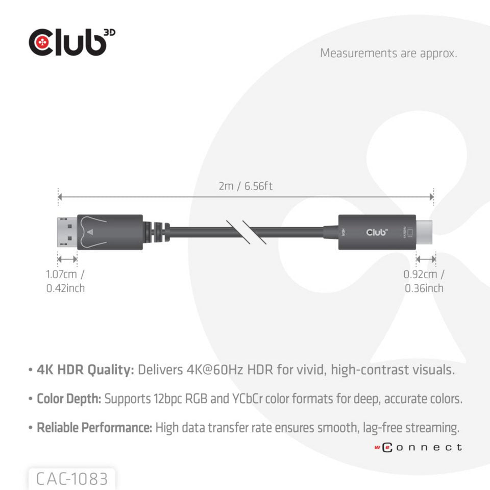 Club 3D DisplayPort 1.4 til HDMI 4K60Hz kabeladapter (sort, HDR M M 2m)
