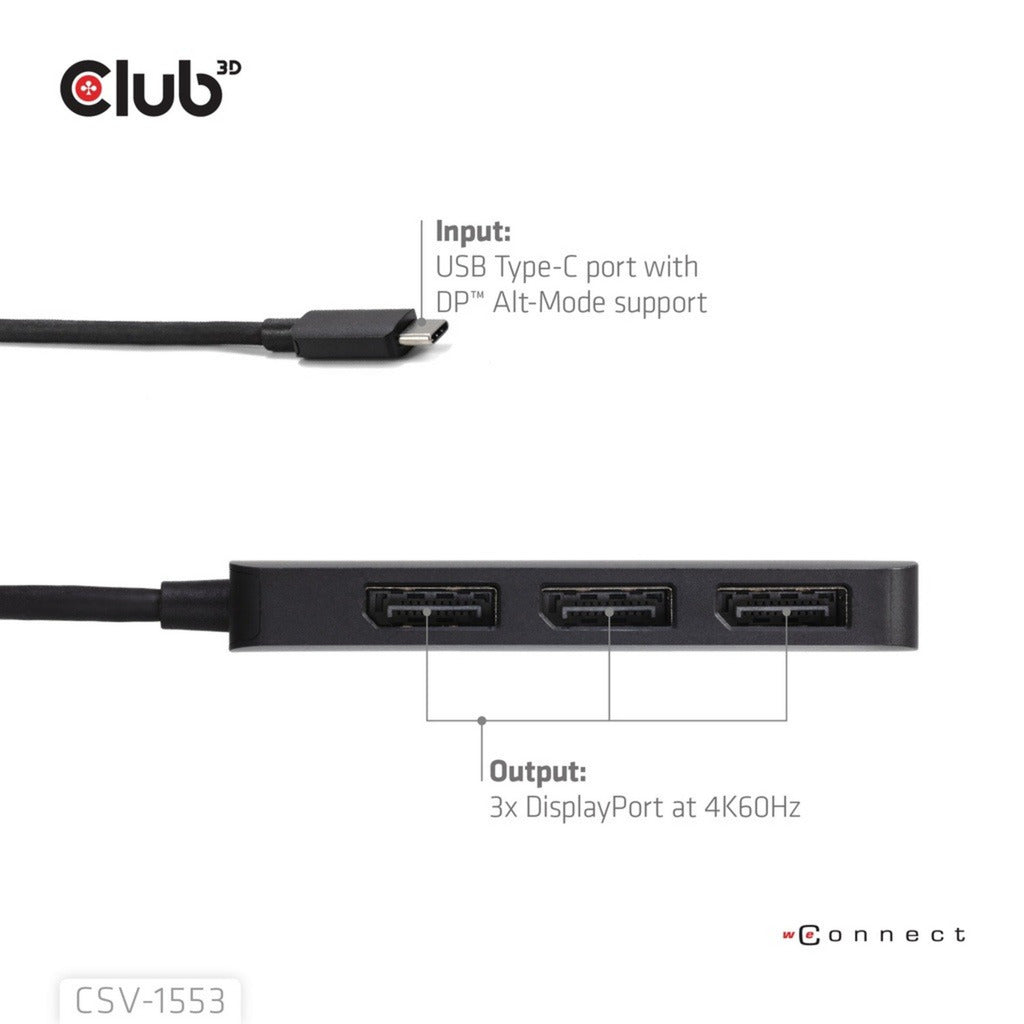 Club 3D USB-C til Triple DisplayPort MST Hub (sort, 4K60Hz)